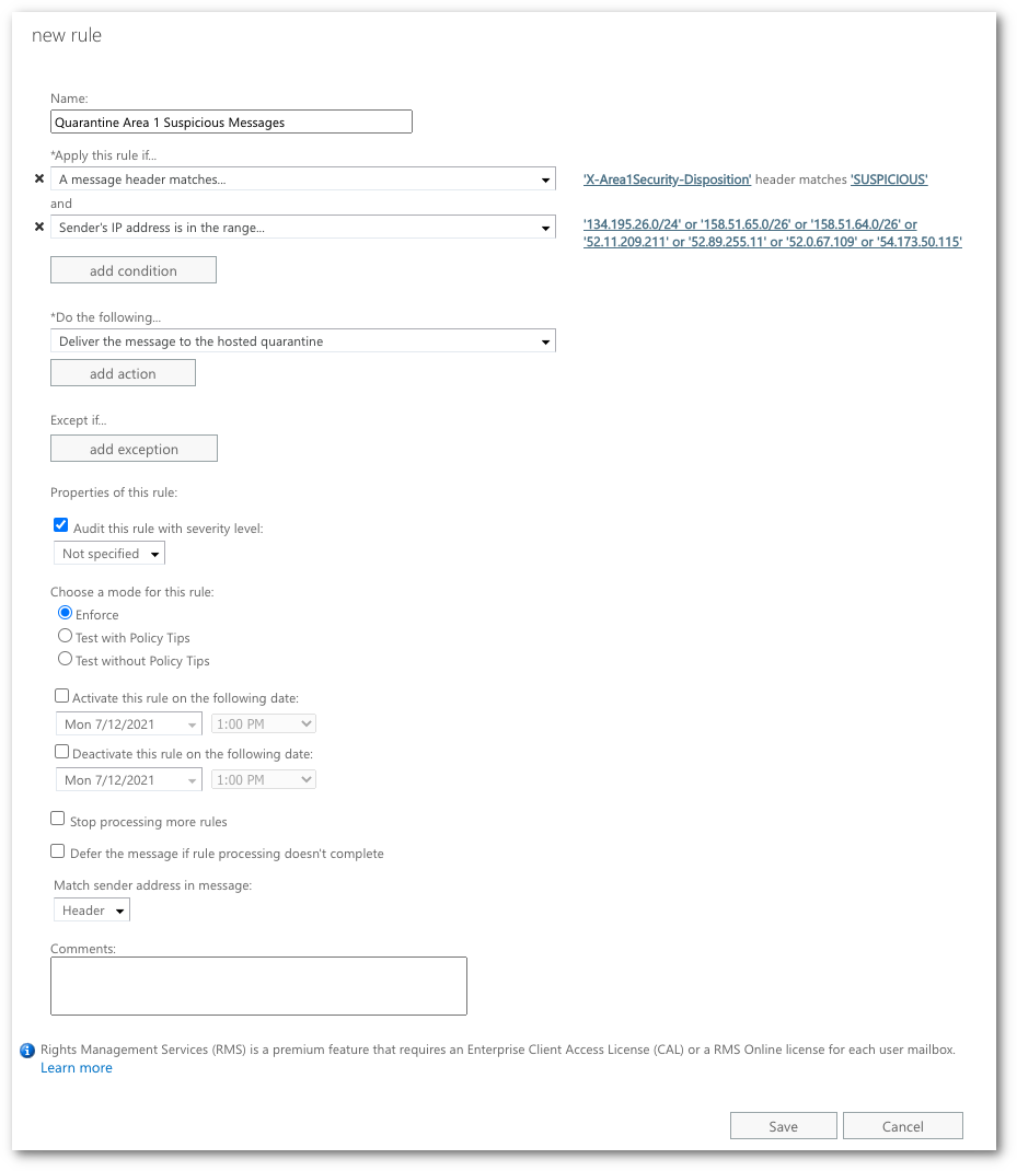 Redirect messages to hosted quarantine